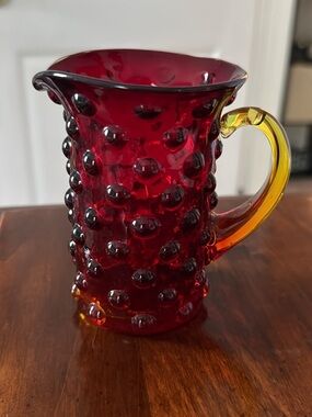 Ruby Red Hobnail Glass Pitcher with Amber Handle